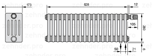 Схема (чертеж) Радиатор Zehnder Charleston 5026/18 №V002 Белый глянцевый RAL 9016